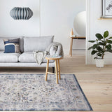 Blue Ivory Pattern Washable Rug