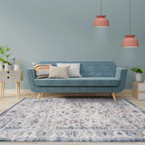 Blue Ivory Pattern Washable Rug