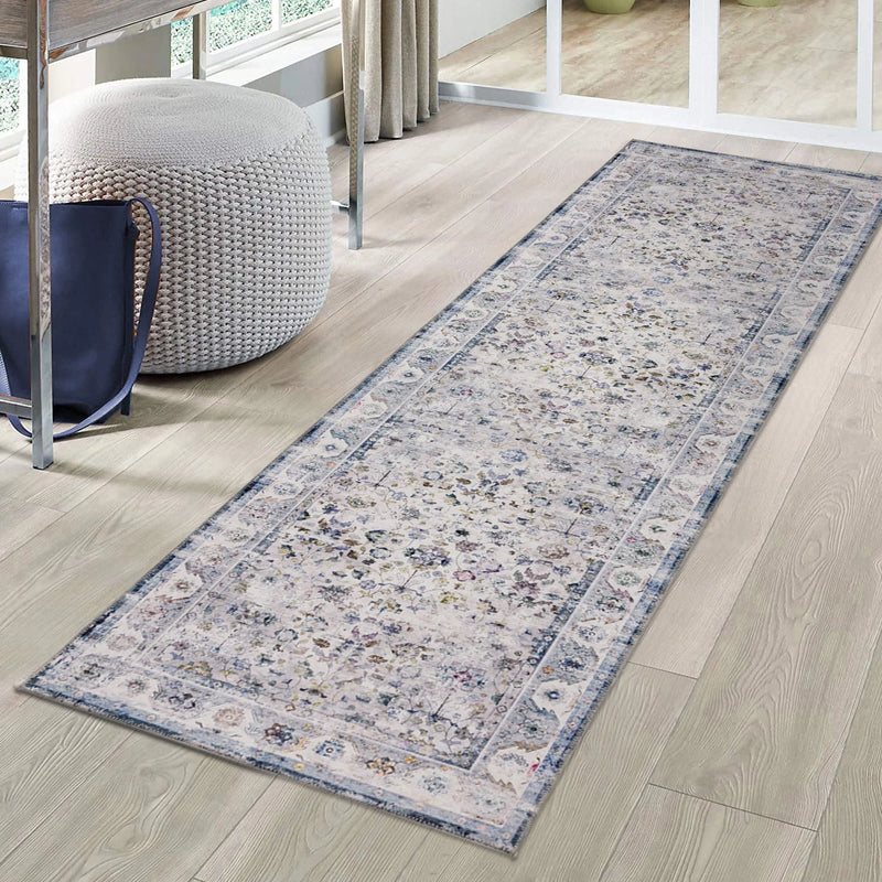 Blue Ivory Pattern Washable Rug