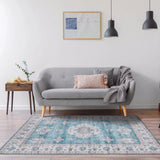 Aqua Blue Motif Pattern Washable Rug