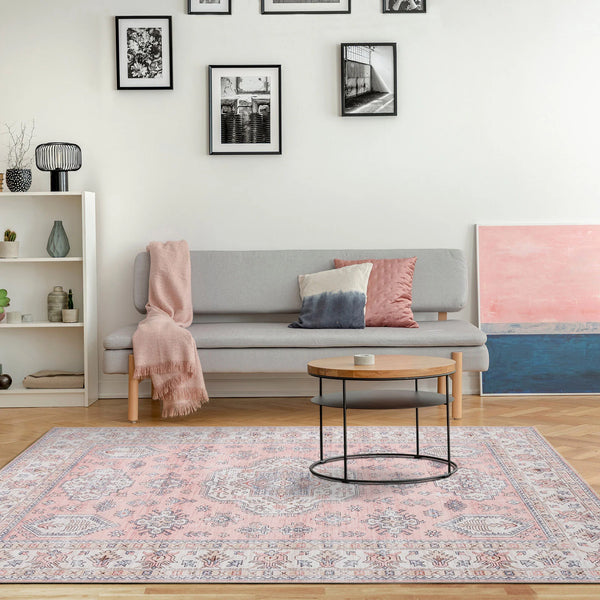 Pastel Pink Motif Pattern Washable Rug