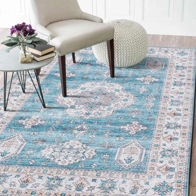 Aqua Blue Motif Pattern Washable Rug