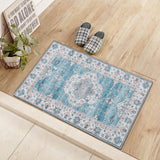 Aqua Blue Motif Pattern Washable Rug