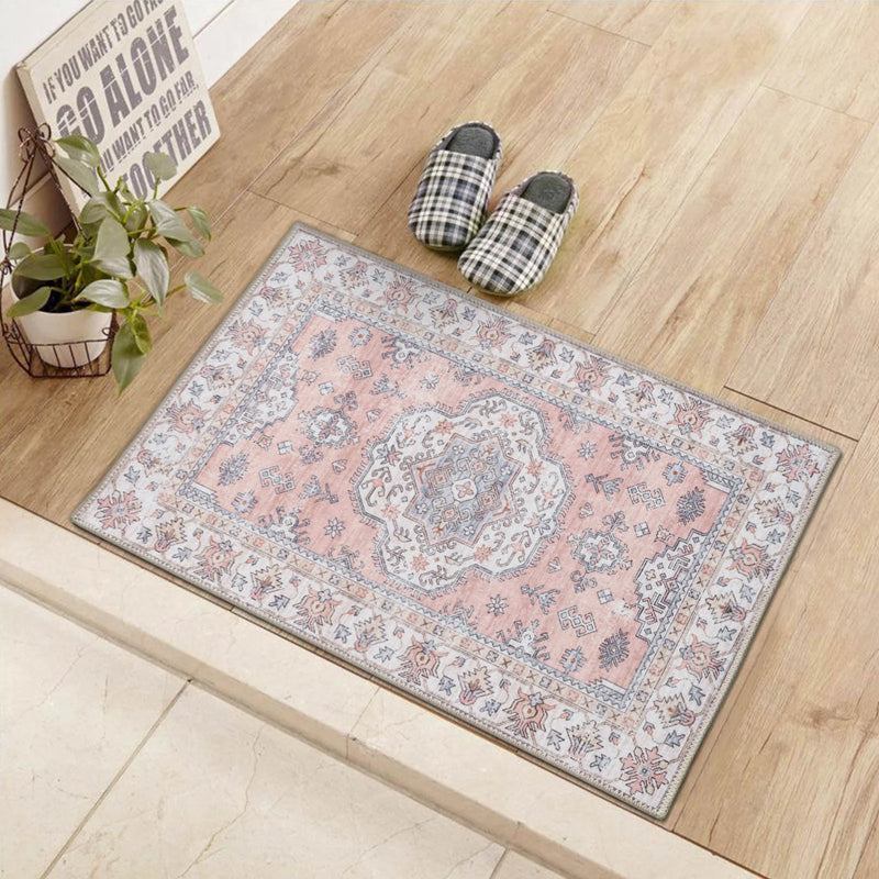 Pastel Pink Motif Pattern Washable Rug