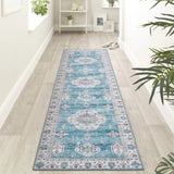 Aqua Blue Motif Pattern Washable Rug