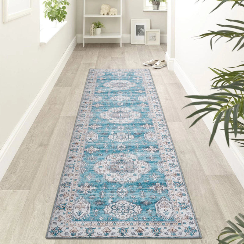 Aqua Blue Motif Pattern Washable Rug